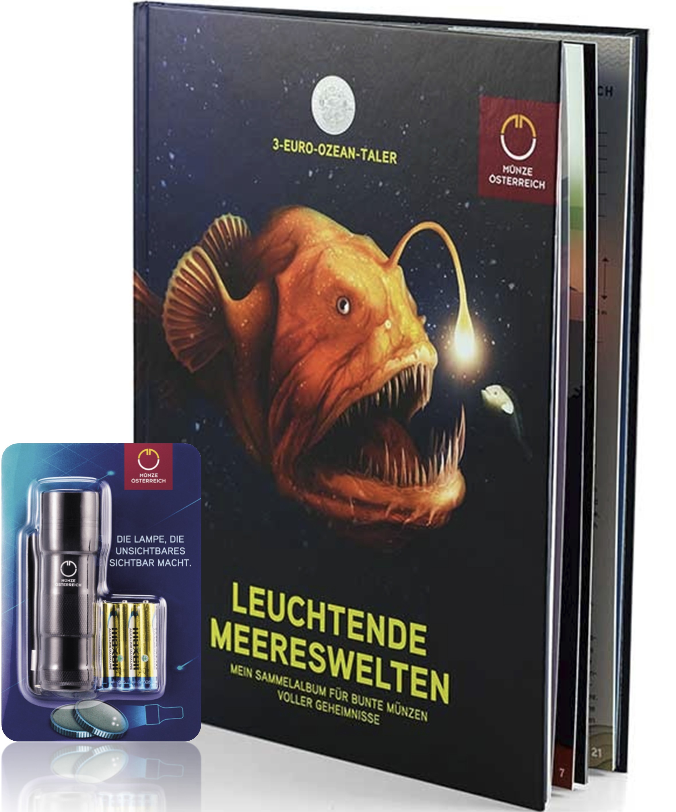 Sammelalbum inkl. UV Taschenlampe -  3 € Münzen Serie "Leuchtende Meereswelten"