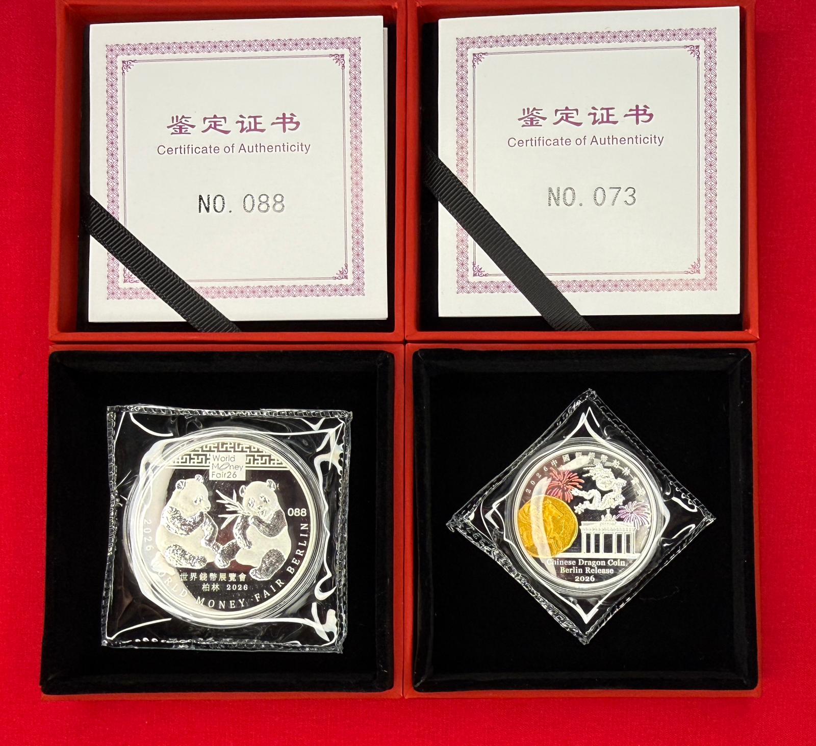 Set – World Money Fair 2026: Panda & Chinese Dragon Silbermünzen (1 oz + 8 g)