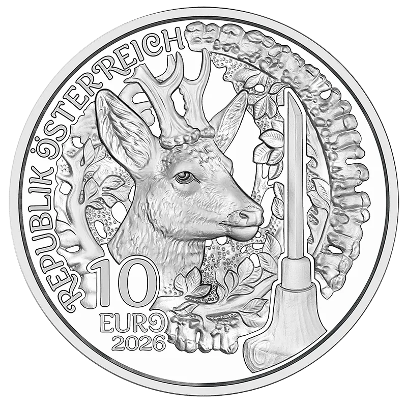 Anpirschen - Horn 2026 - 10 Euro Silbermünze aus der Serie „gschneizt & kampelt“