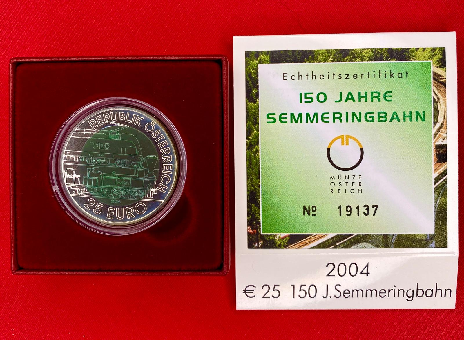 Österreich 2004 - 150 JAHRE SEMMERINGBAHN - 25,00 Euro Silber-Niob Münze